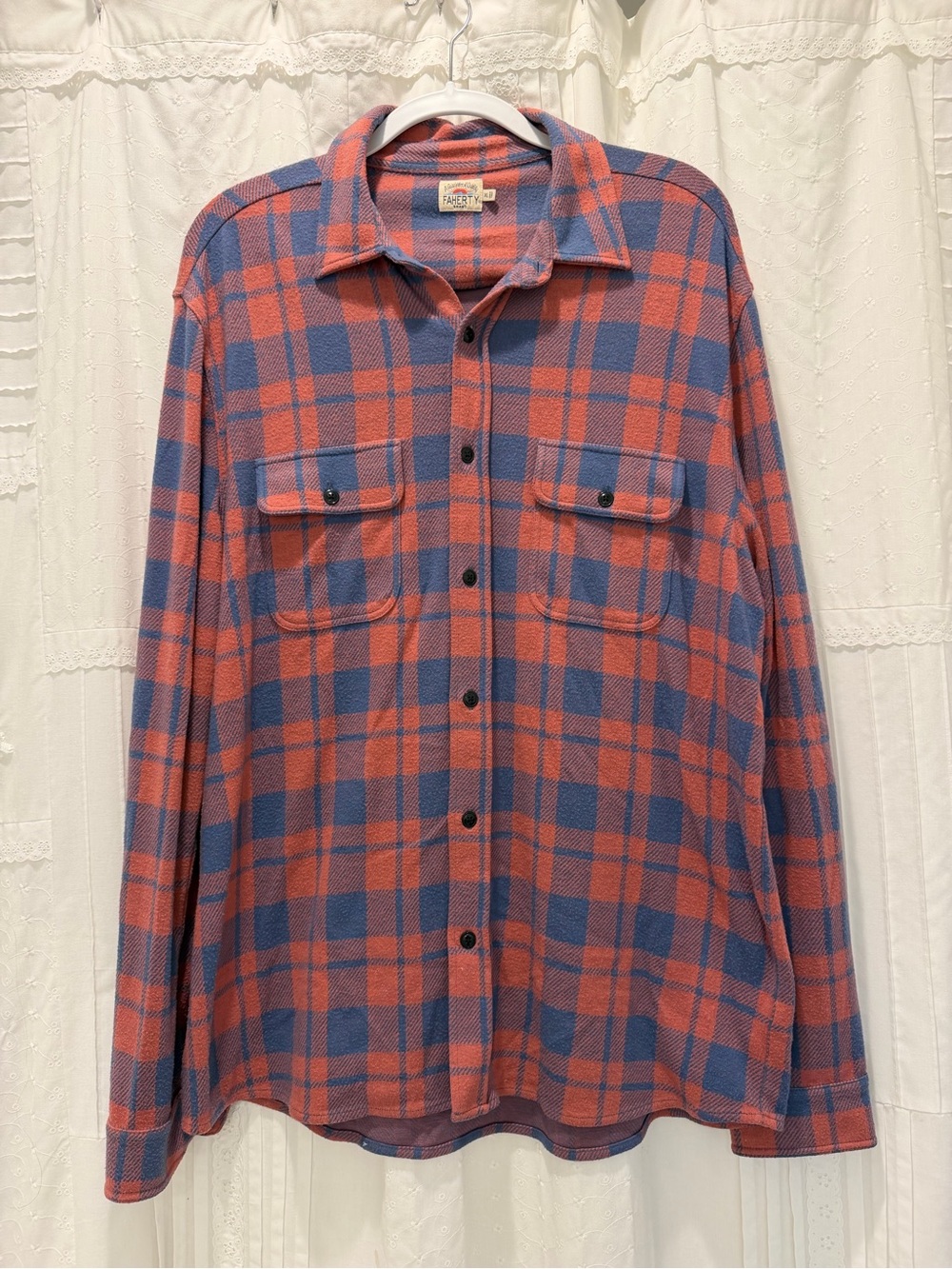 Faherty Coral and Slate Blue Plaid Soft Flannel